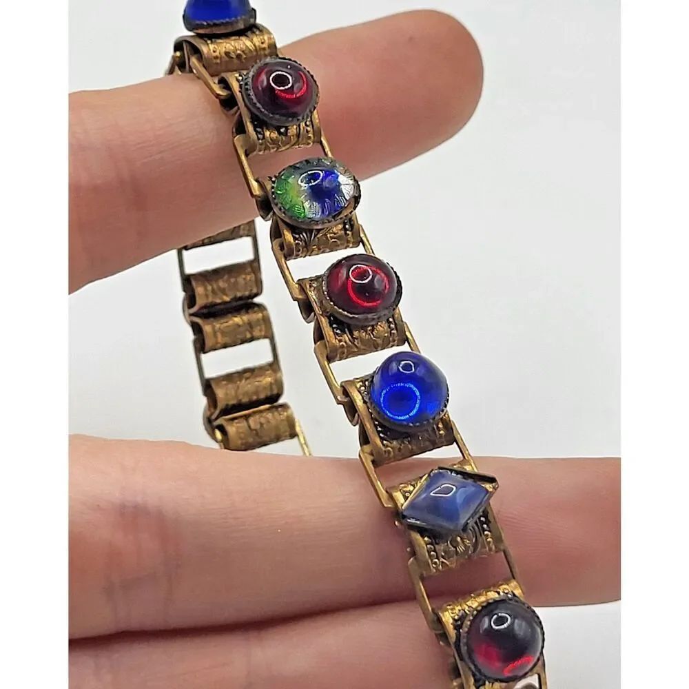 Antique Egyptian Revival Glass Scarab Style Box Bracelet Glass 7in